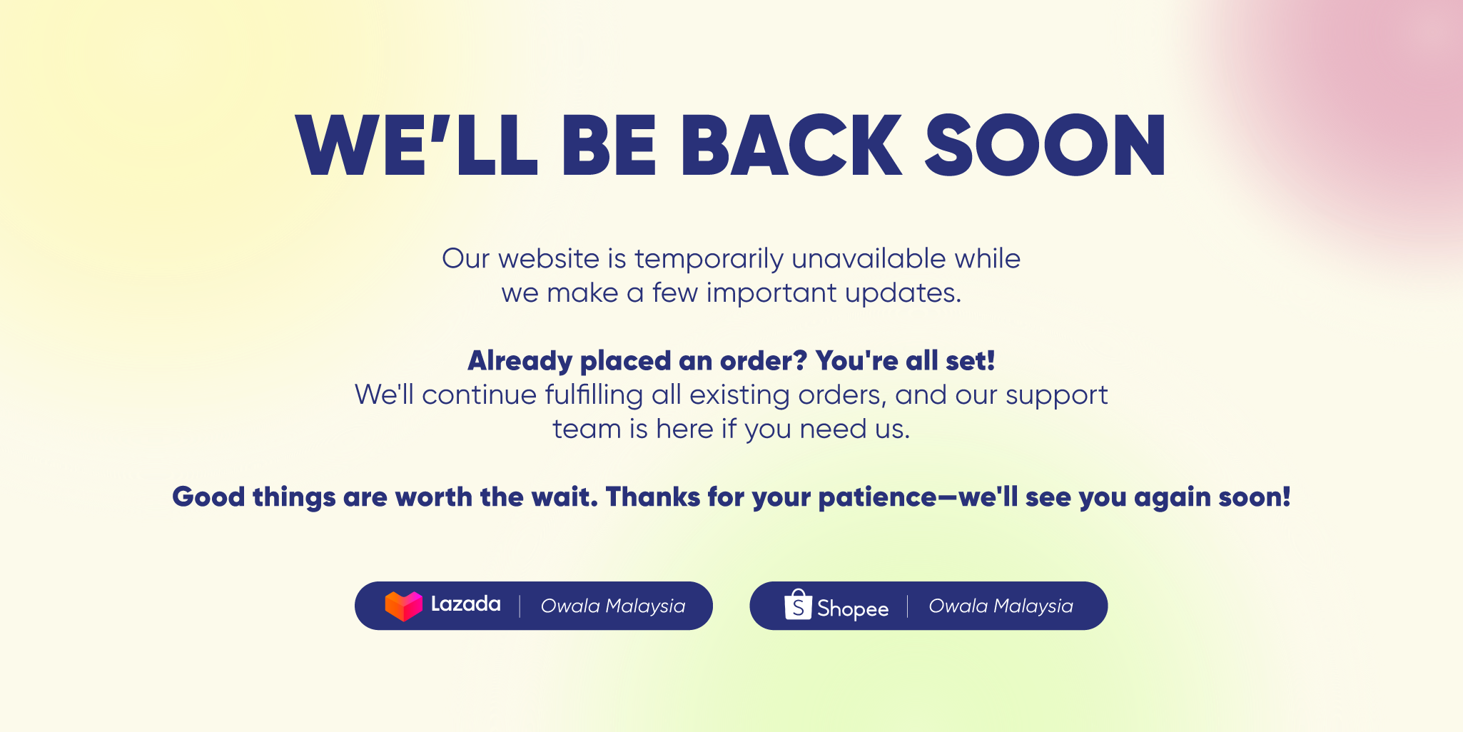 Owala Malaysia website maintenance notice. We’ll be back soon.